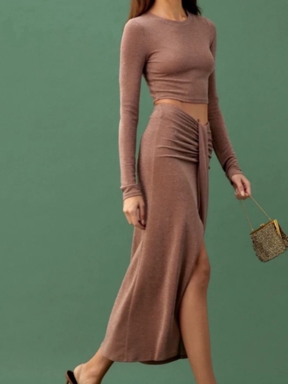 Reformation Zion Two Piece Skirt Set Taupe Shimmer Metallic XL